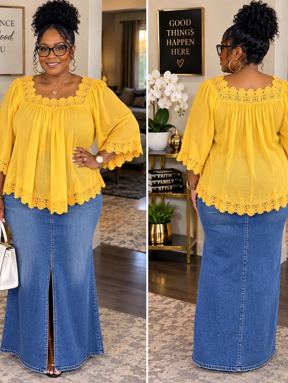 Avenue Yellow Lace-Trim Square-Neck Blouse